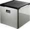 A silver electric cool box with a black lid, suitable for camping or outdoor activities.