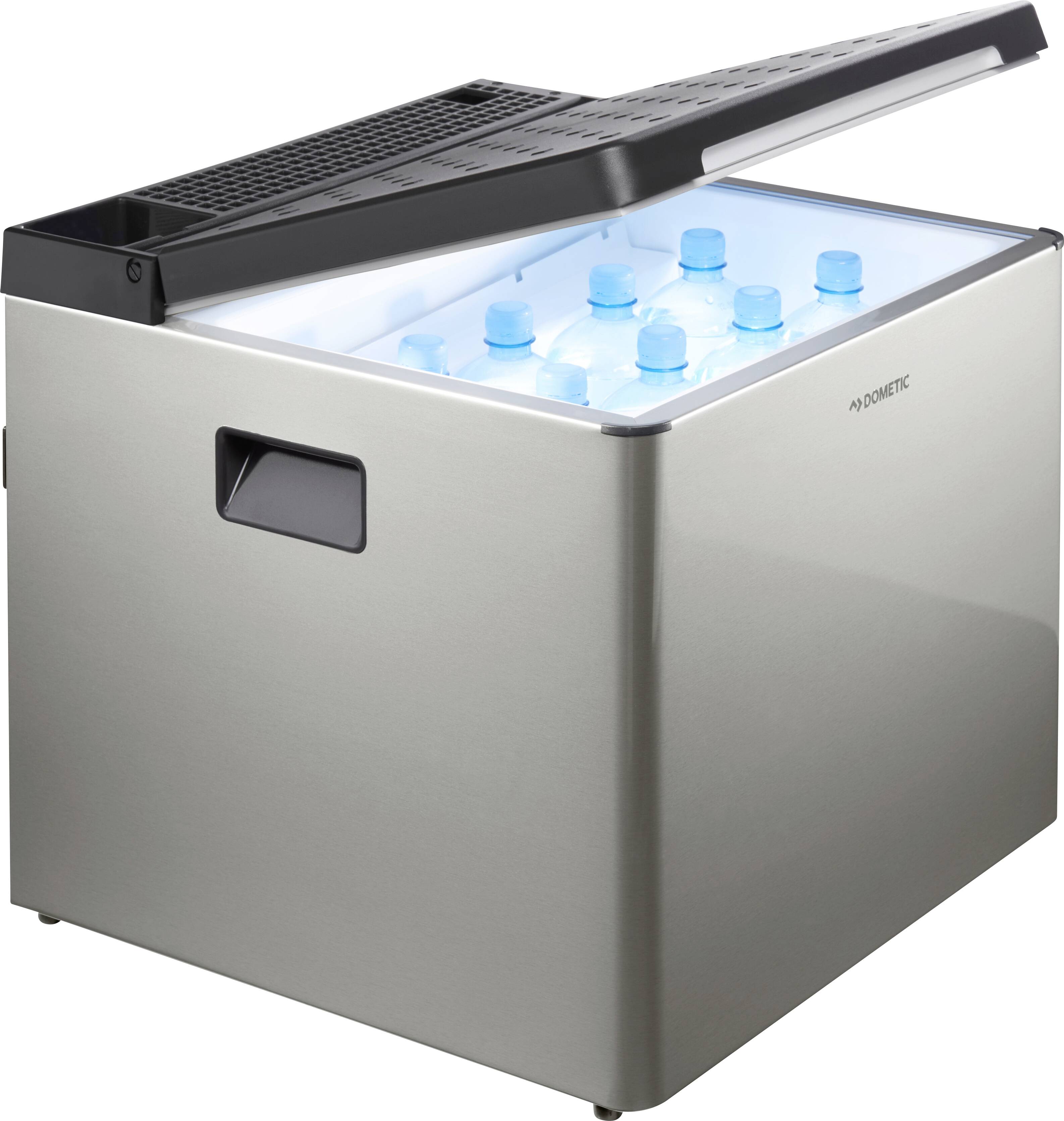 A silver cool box with an open lid displays water bottles standing inside. Suitable for camping or travelling.