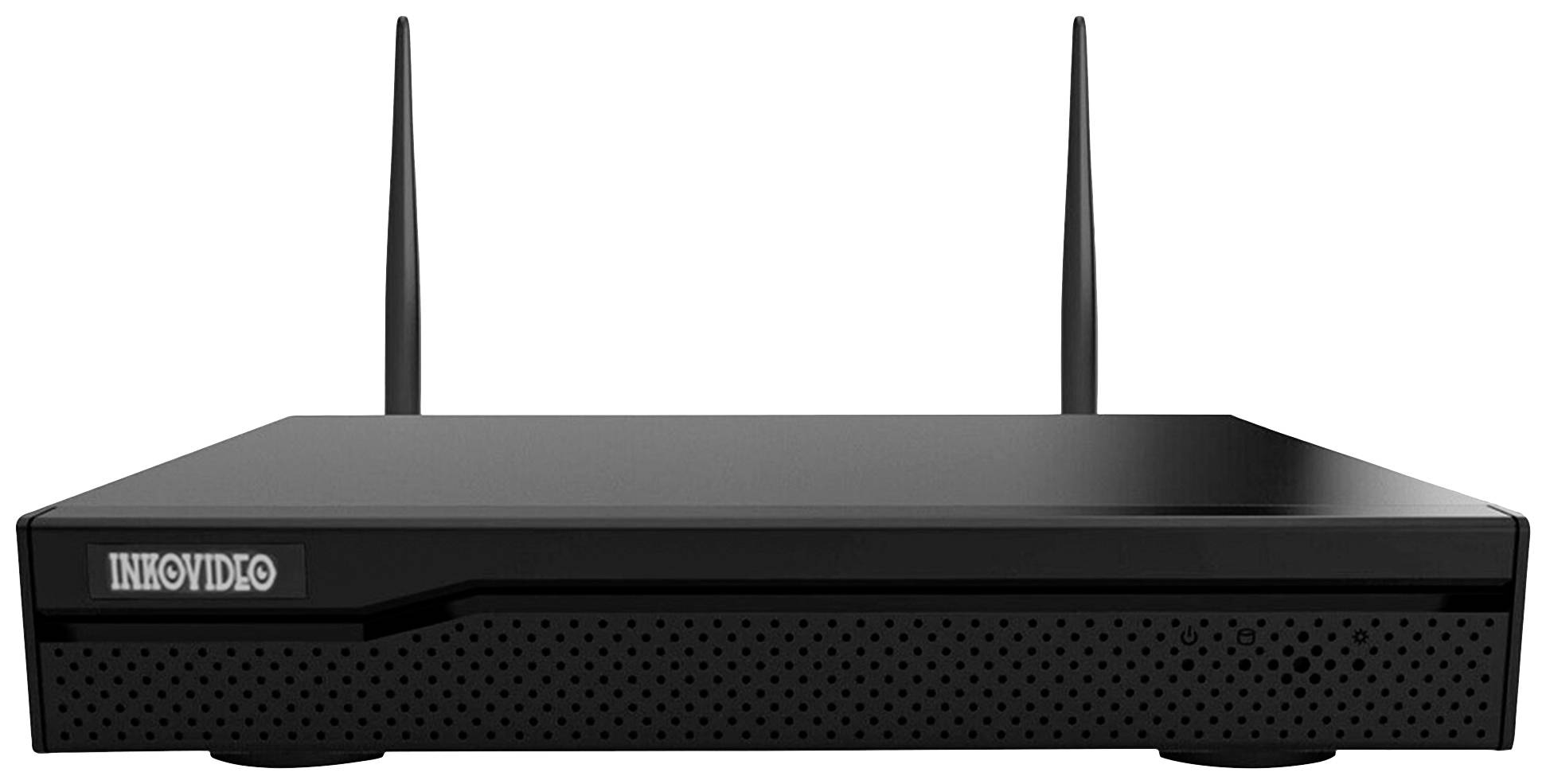 Black Wi-Fi router with two aerials and a perforated pattern on the front, with the 'INKOVIDEO' brand logo visible.