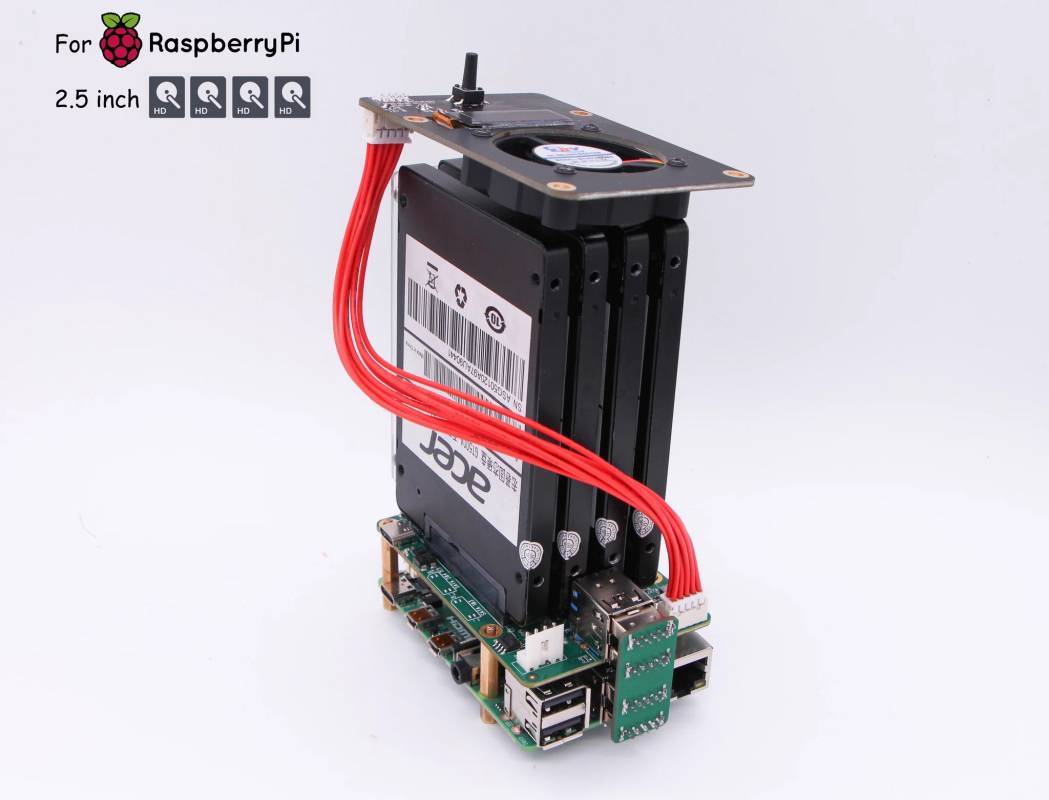 Raspberry Pi case with three 2.5-inch hard drives and a cooling fan, connected by red cables; suitable for storage expansion.