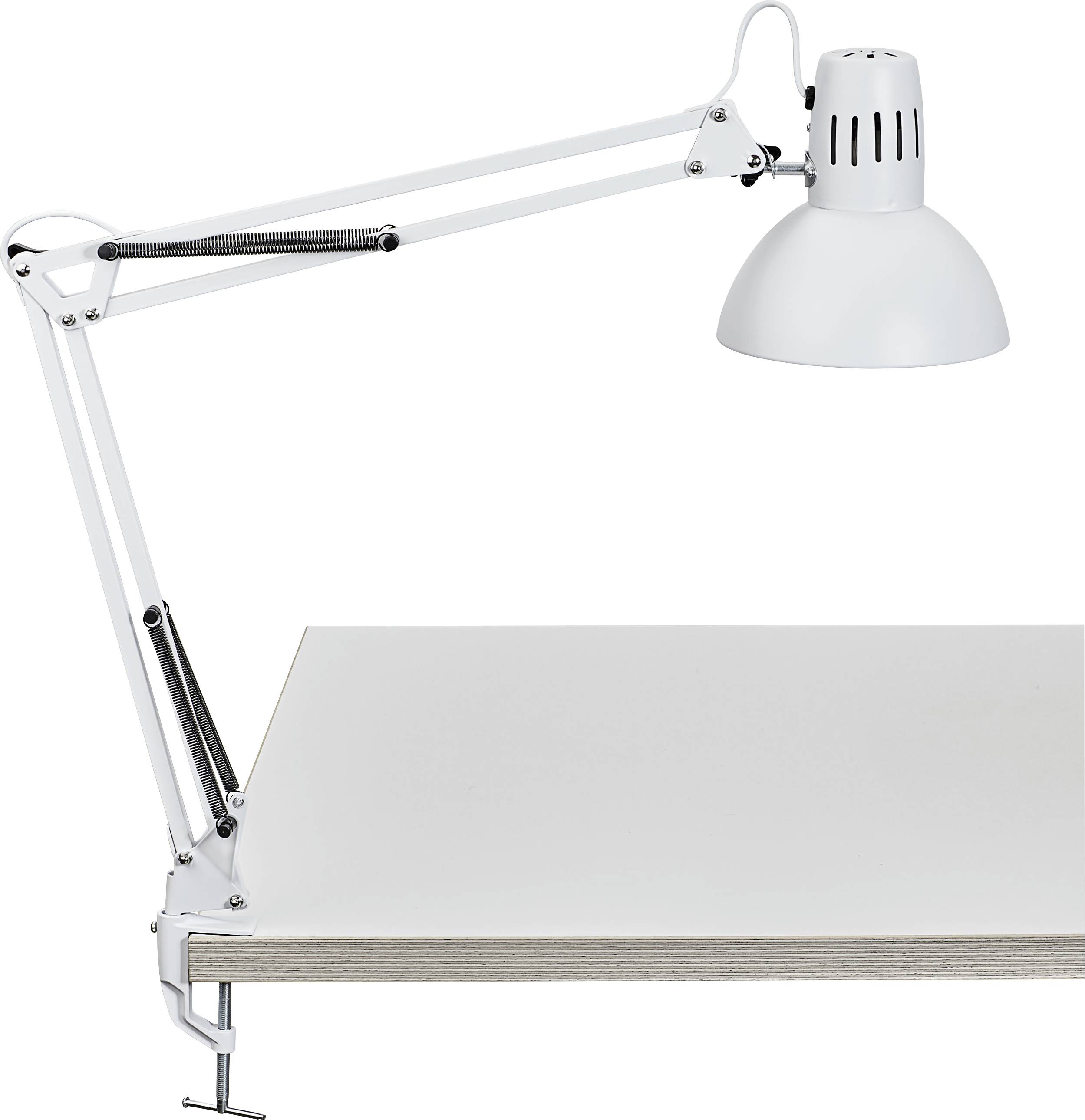 White desk lamp with adjustable arm, attached to the corner of a wooden table.