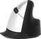Vertical, ergonomic computer mouse in silver and black, side view. It offers an alternative hand position to support the wrist.