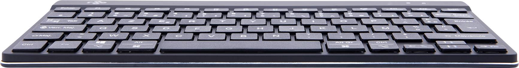 A black computer keyboard with flat keys, photographed from the front.