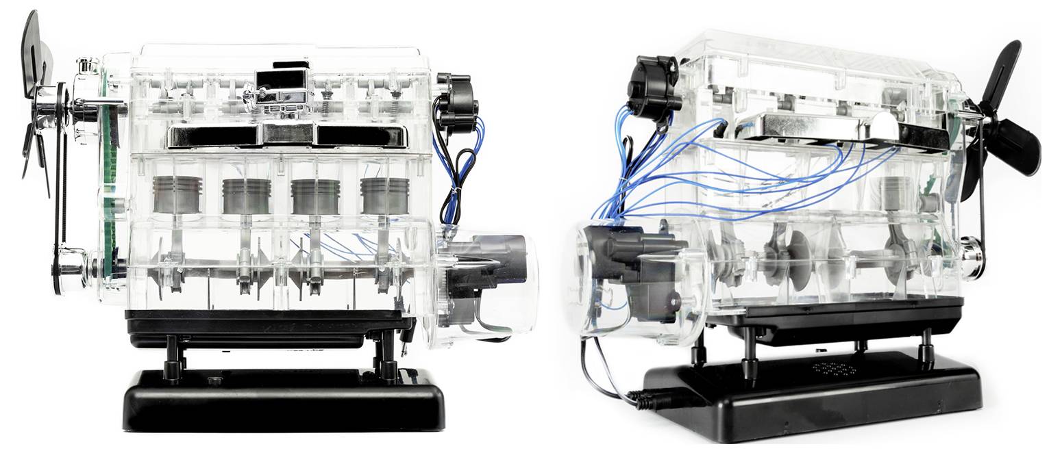 Two views of a transparent mechanical model on a black base, showing internal gears, tubes, and wiring with a propeller-like rotor on one end.