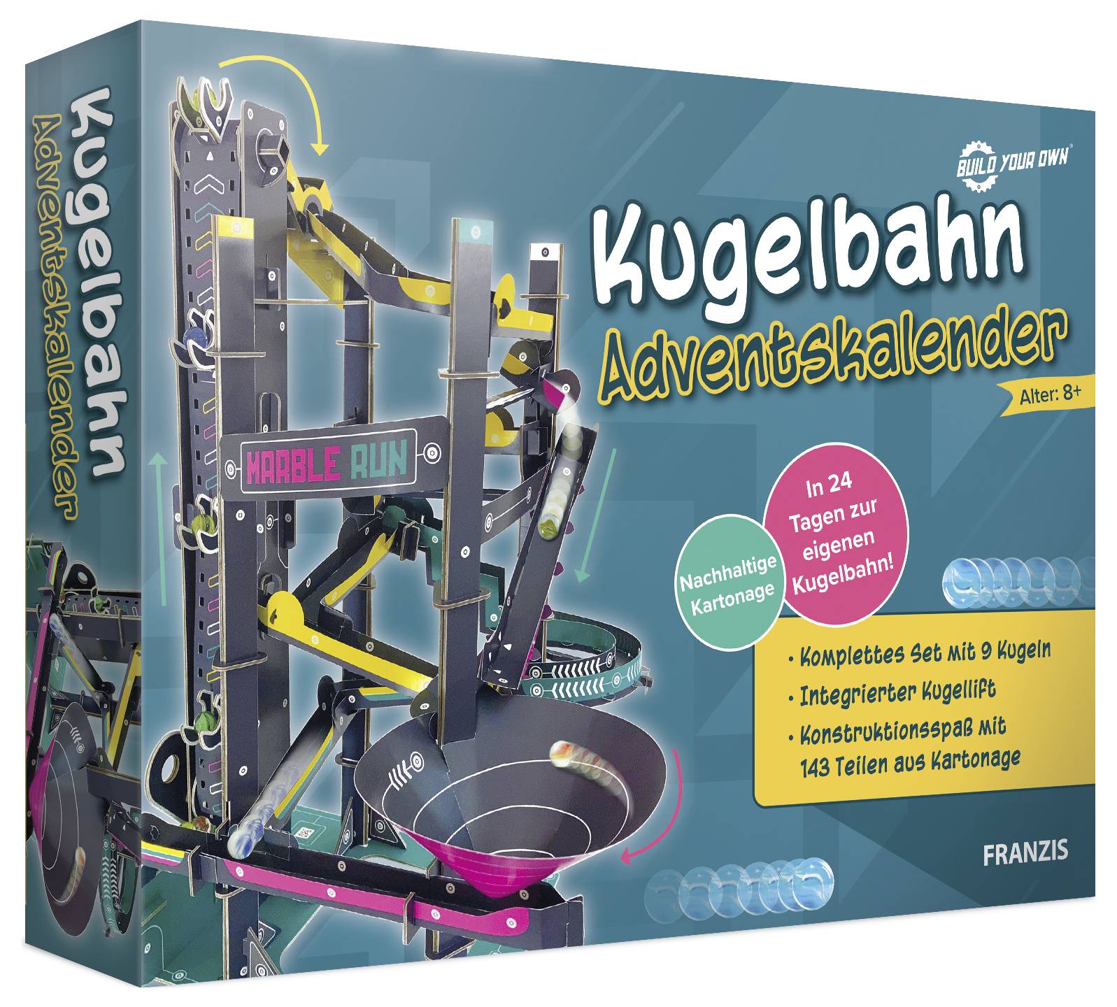 Box cover for 'Kugelbahn Adventskalender', a marble-run advent calendar set for ages 8+ with 24 days of building parts from cardboard.<br>