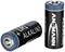 Two black alkaline batteries with blue ends, each labelled 'LR1 1.5V'. One battery is standing, the other is lying flat.