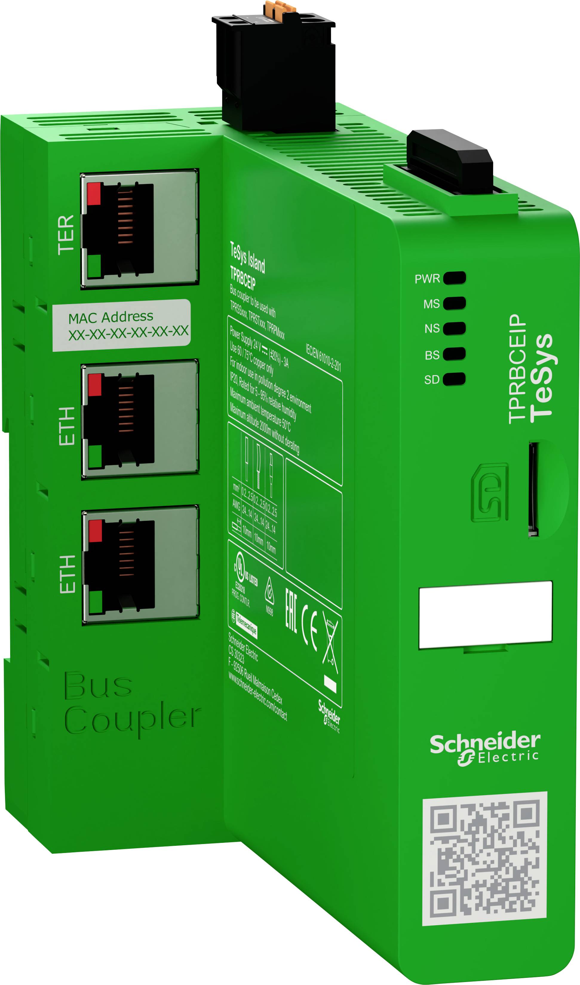 Green device with multiple Ethernet ports, labelled 'Schneider Electric' and 'Bus Coupler', suitable for industrial networks.
