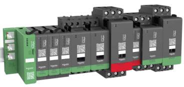 Several black DIN rail devices with green and red ends, mounted in a row.