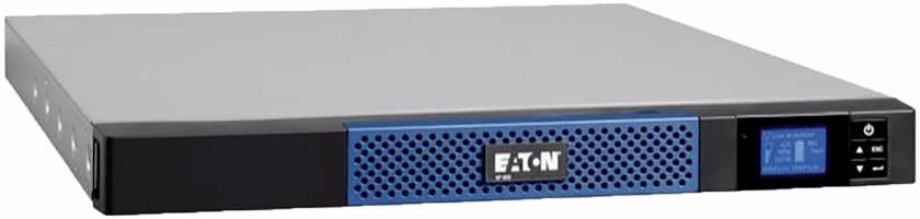 UPS (uninterruptible power supply) device by Eaton. Rectangular metal enclosure, front with blue mesh grille and LCD display.