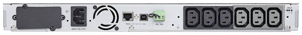 Rear view of an electronic device with multiple power connections and a ventilation opening, Ethernet and USB ports in the centre.