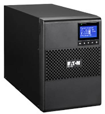 A black uninterruptible power supply (UPS) device with a digital display on the front and the brand name in the centre.