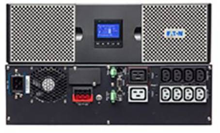 Front view of an electronic device with multiple power sockets and a small display in the centre, surrounded by ventilation grilles.