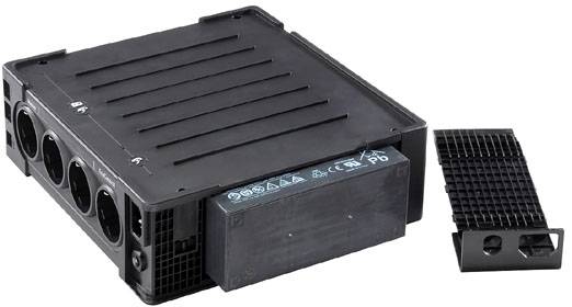 A black electric enclosure with ventilation slots and a removable cover, displaying symbol markings on the front.