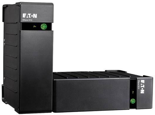Two black Eaton uninterruptible power supplies (UPS), standing and lying down. They have a glowing green symbol indicating the energy status.