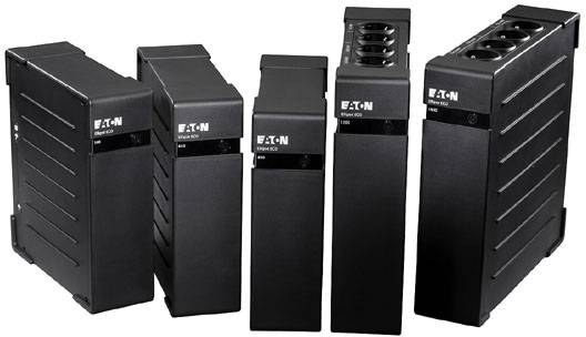 Five black modular electronic devices in a row.