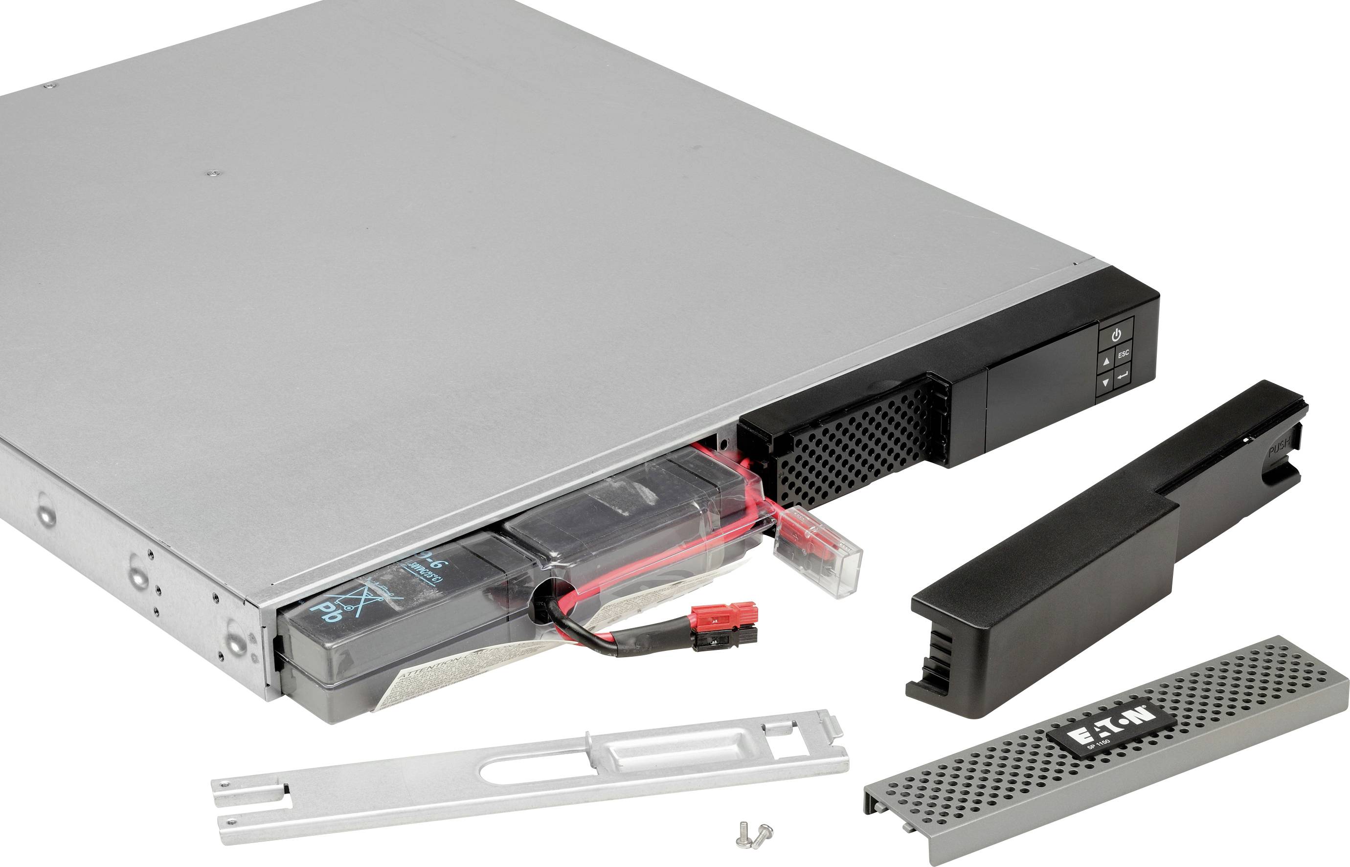 A disassembled server with a visibly removed hard drive, external casing components and accessories, set against a white background.
