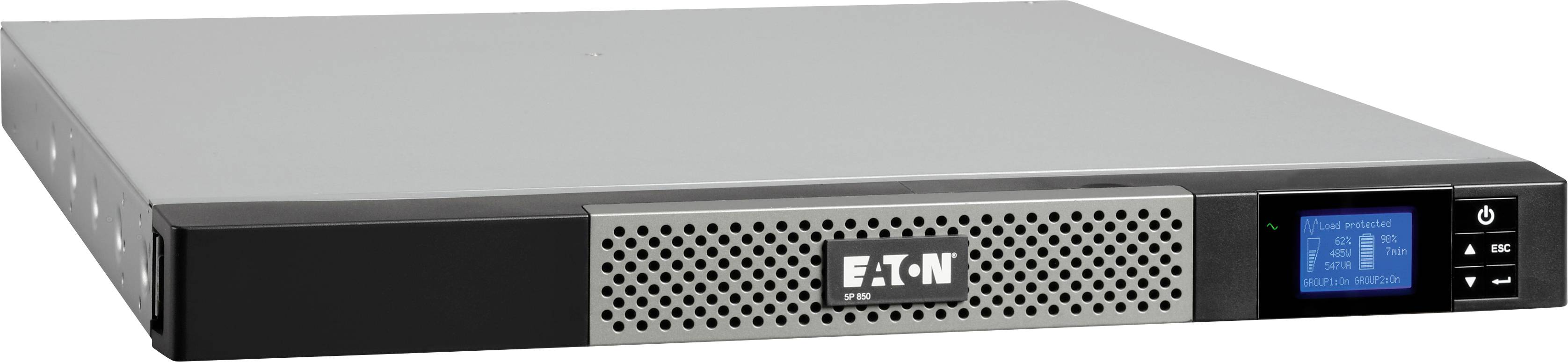 Uninterruptible Power Supply (UPS) by Eaton. Flat, grey casing with a black border and digital display on the right.