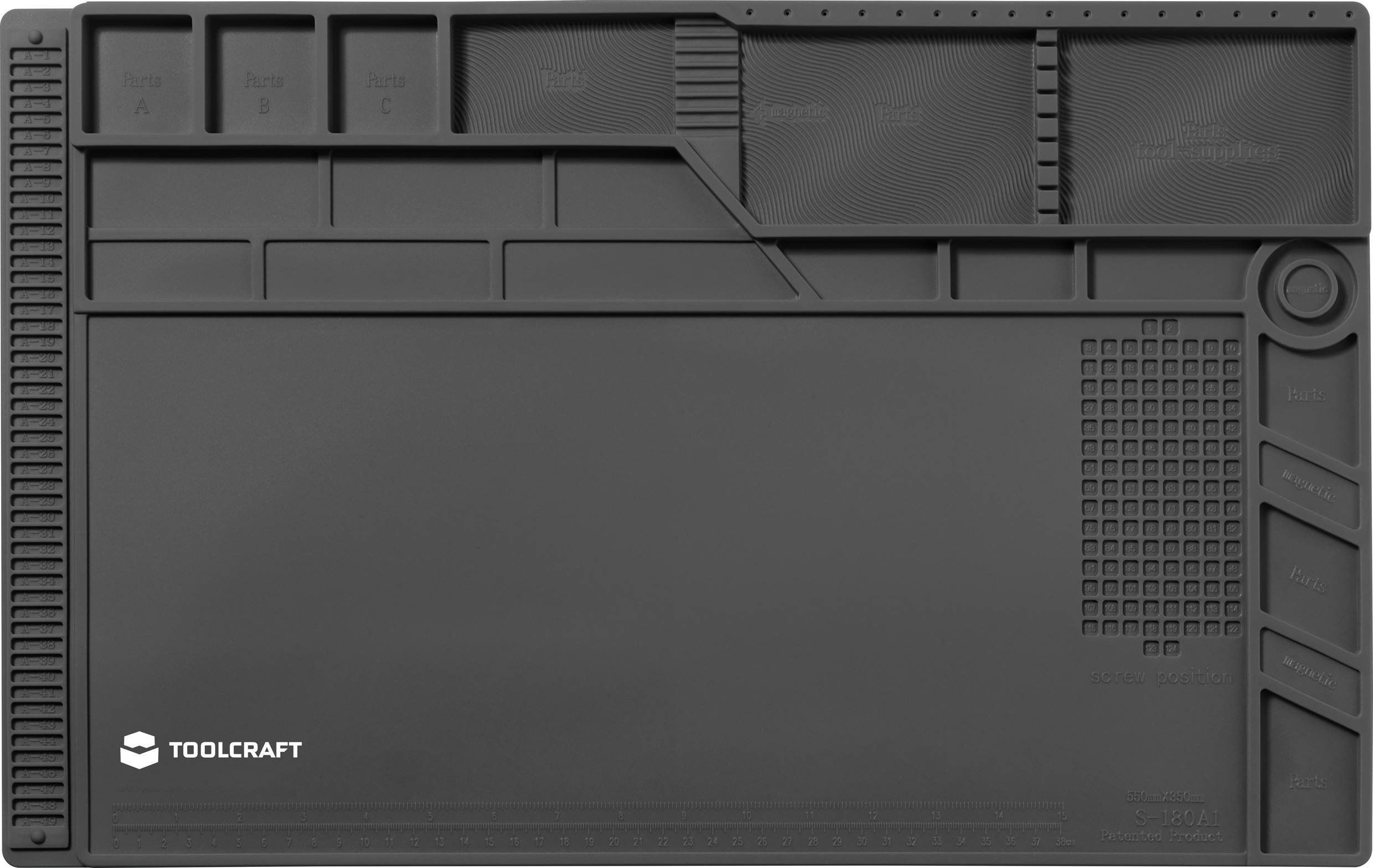 'Grey, robust soldering mat by TOOLCRAFT with various compartments for tools and small parts, ideal for electronics work.'