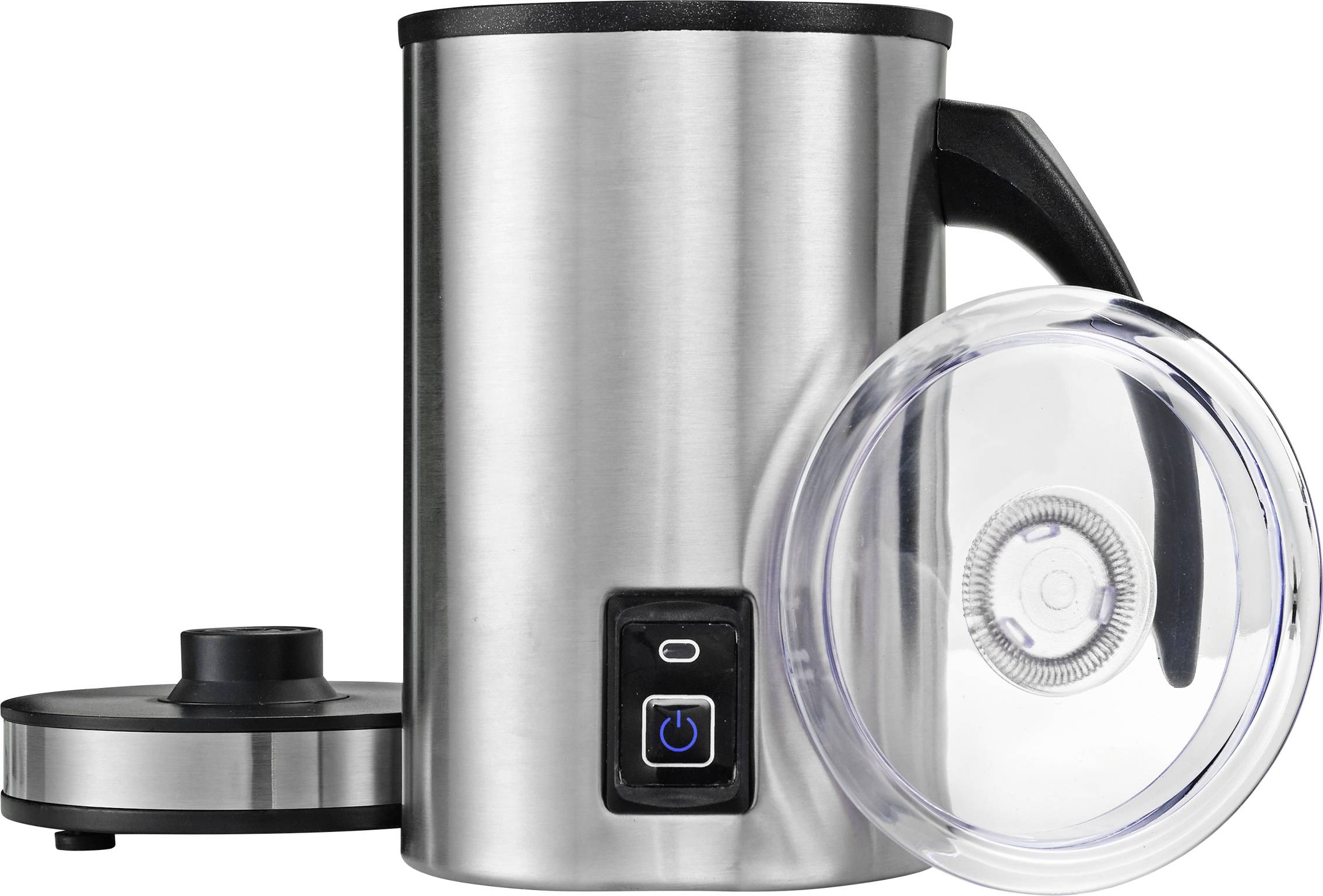 Electric milk frother in stainless steel with removable lids, black handle, and power button.