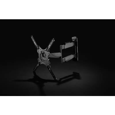 Television or screen mount, metallic, with pivoting arm, against a dark background.