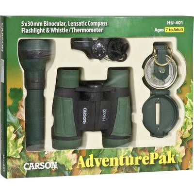 'AdventurePak' contains binoculars, compass, torch, and whistle with thermometer. Packaging features a green woodland design. Perfect for adventures.