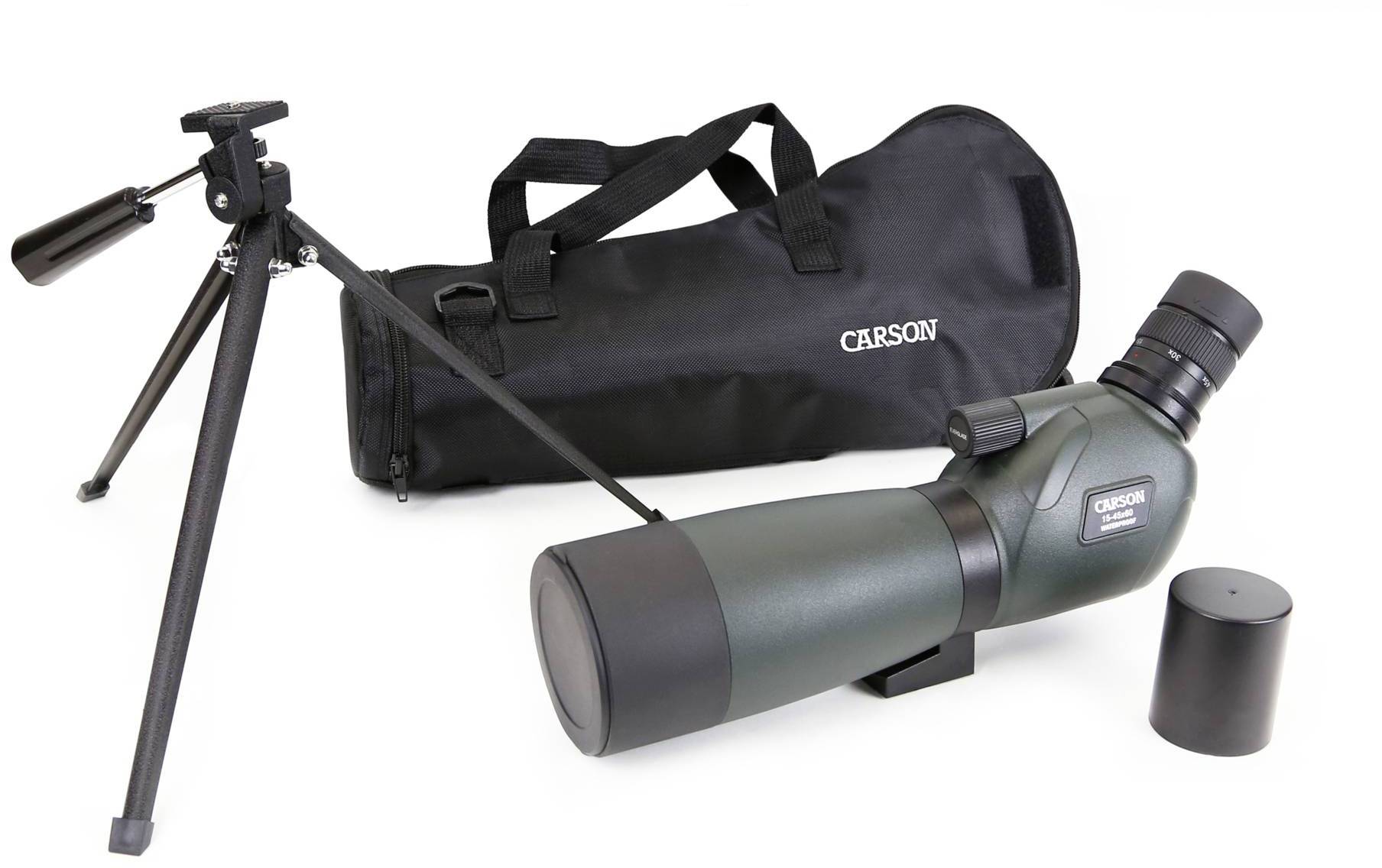 Binoculars with tripod and carry case on a white background. The binoculars are dark green and the tripod is black.
