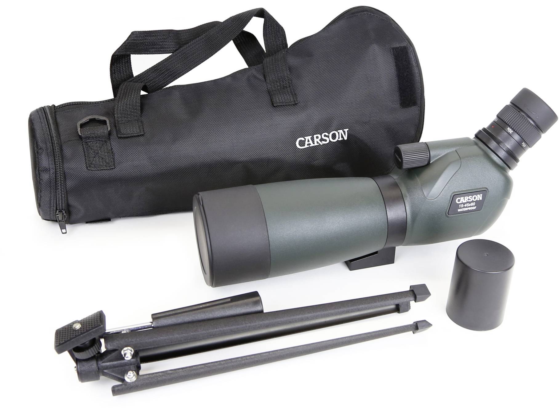 A green spotting scope with a black tripod and carry case. The spotting scope is suitable for nature observation and outdoor activities.