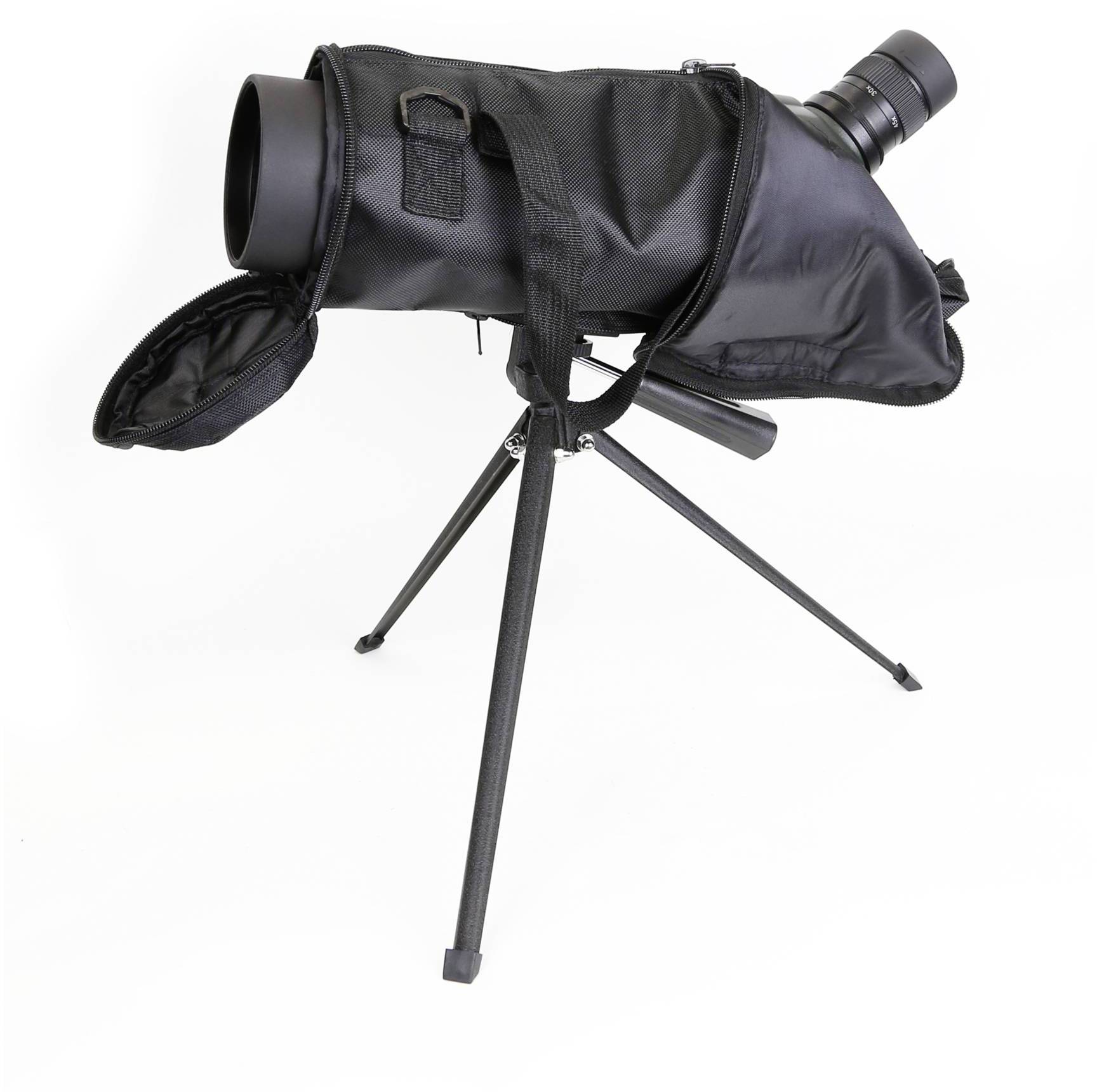 A black telescope on a tripod. It is wrapped in a protective case that leaves the lens exposed.