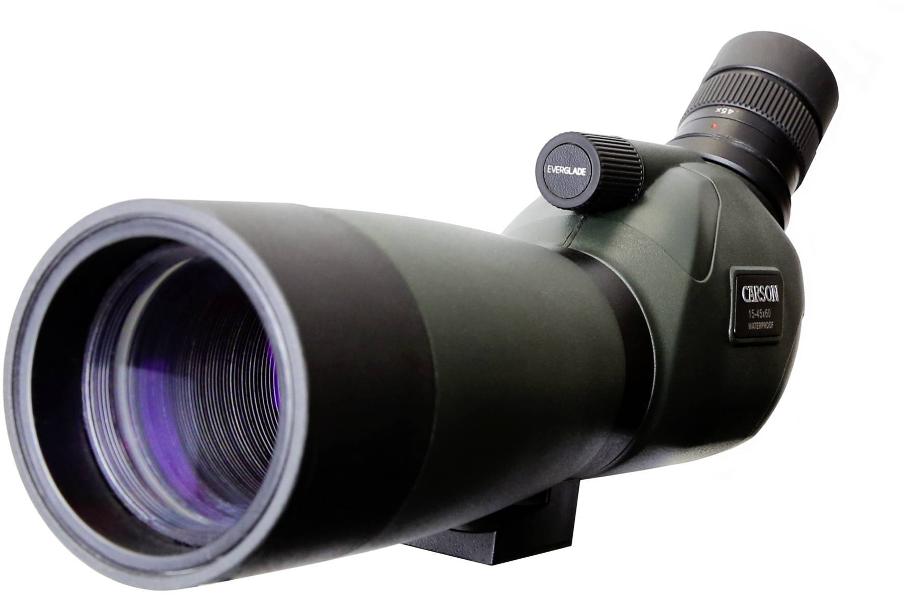 A green spotting scope with a large front lens objective and focus adjustment dial, mounted on a black stand.
