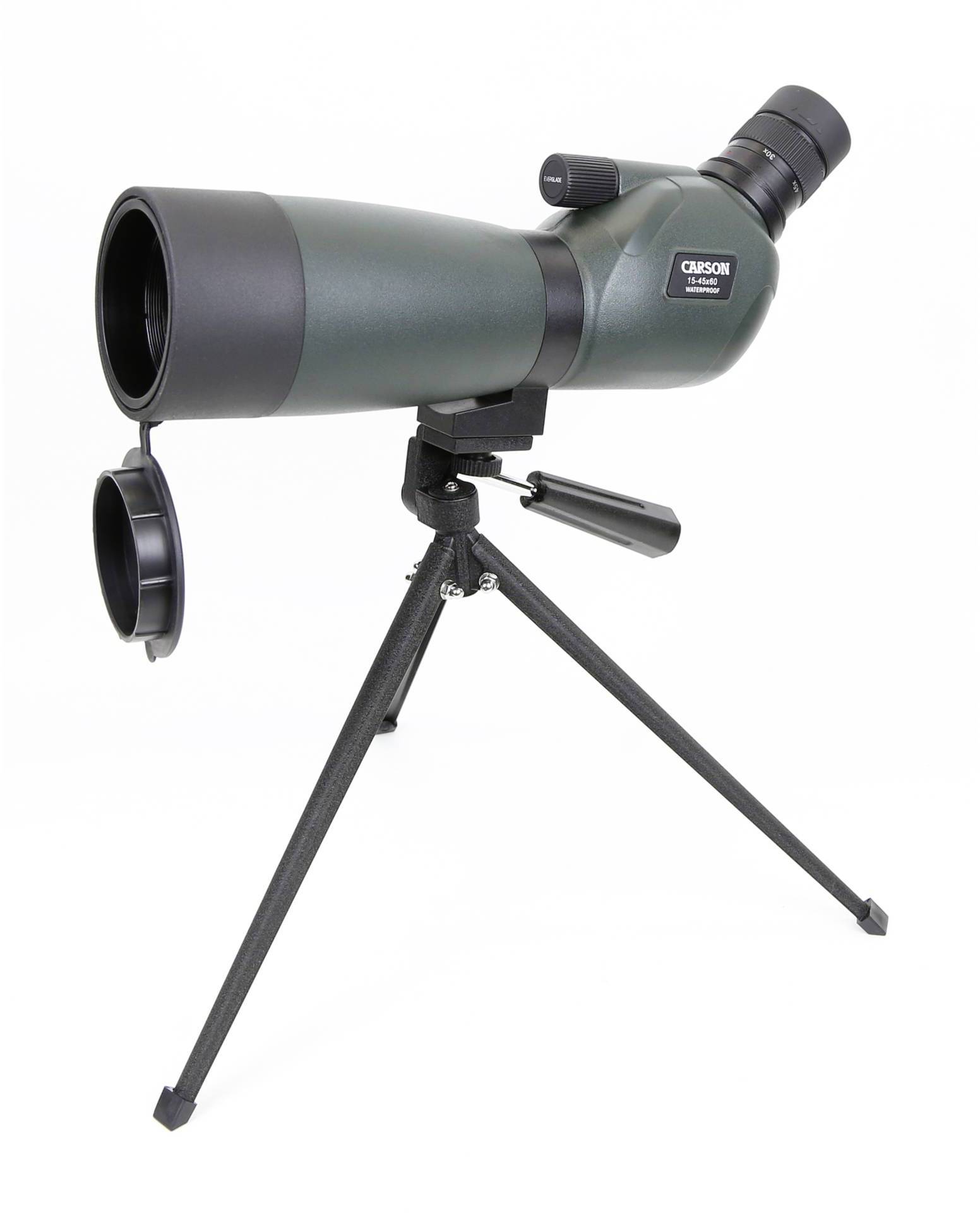 A dark green telescope with a focusing wheel mounted on a black tripod, shown from the side, lens cover open.