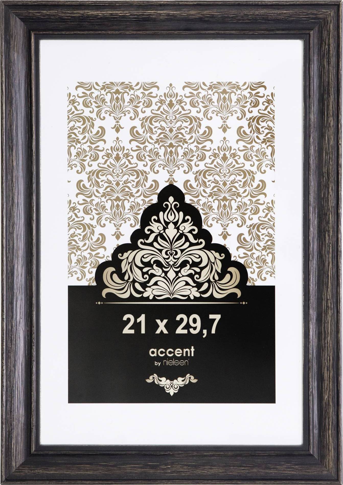 Picture frame with gold and black ornamental pattern, picture size 21 x 29.7 cm, brand 'accent by haldean'.