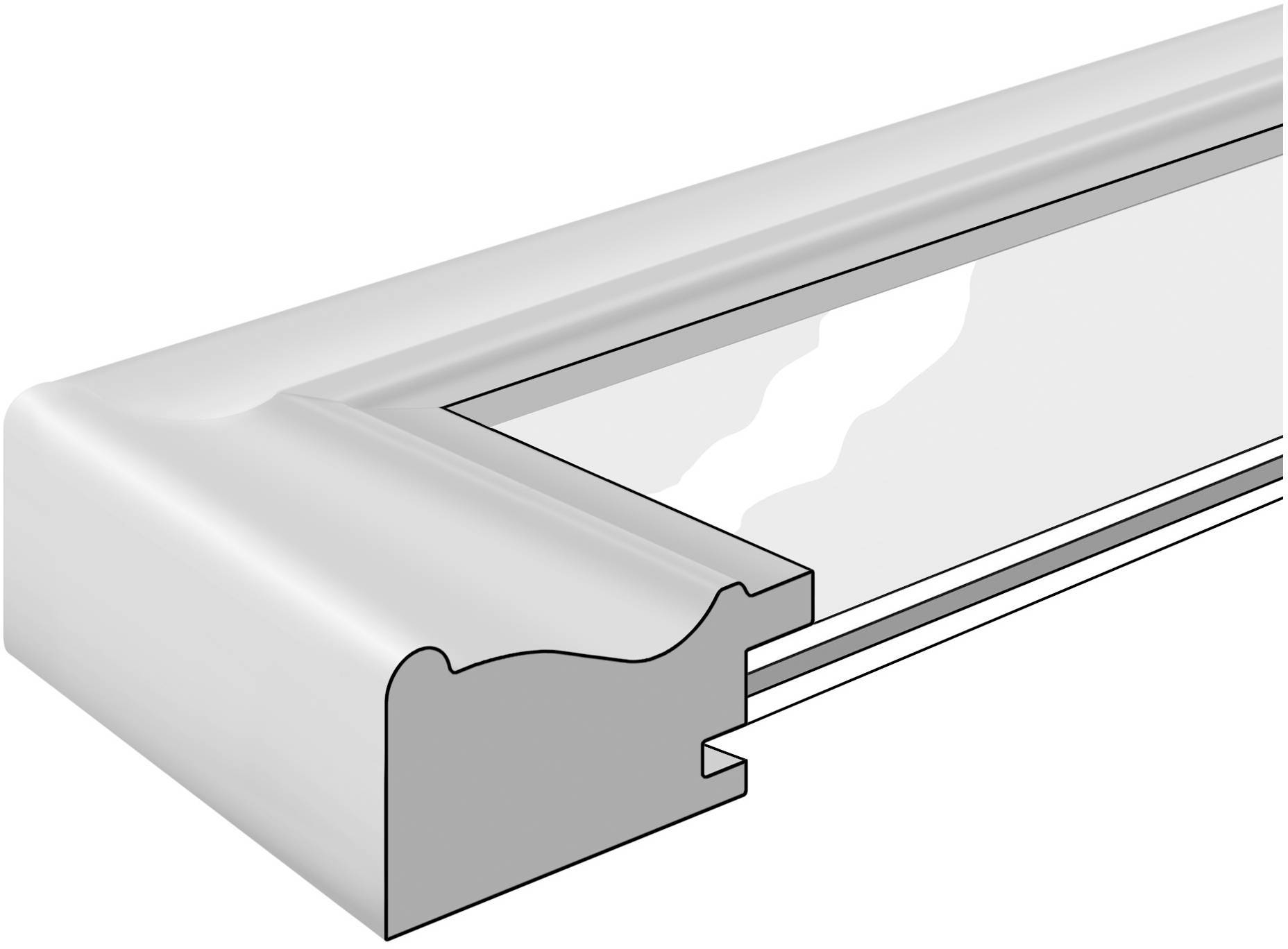 Illustration of a cross-section of a window frame with glass, showing the structure and material layers of the frame.