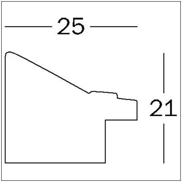 Cross-section of a profile with dimensions: top 25 units, right 21 units. Profile shape shows a descending and stepped edge.