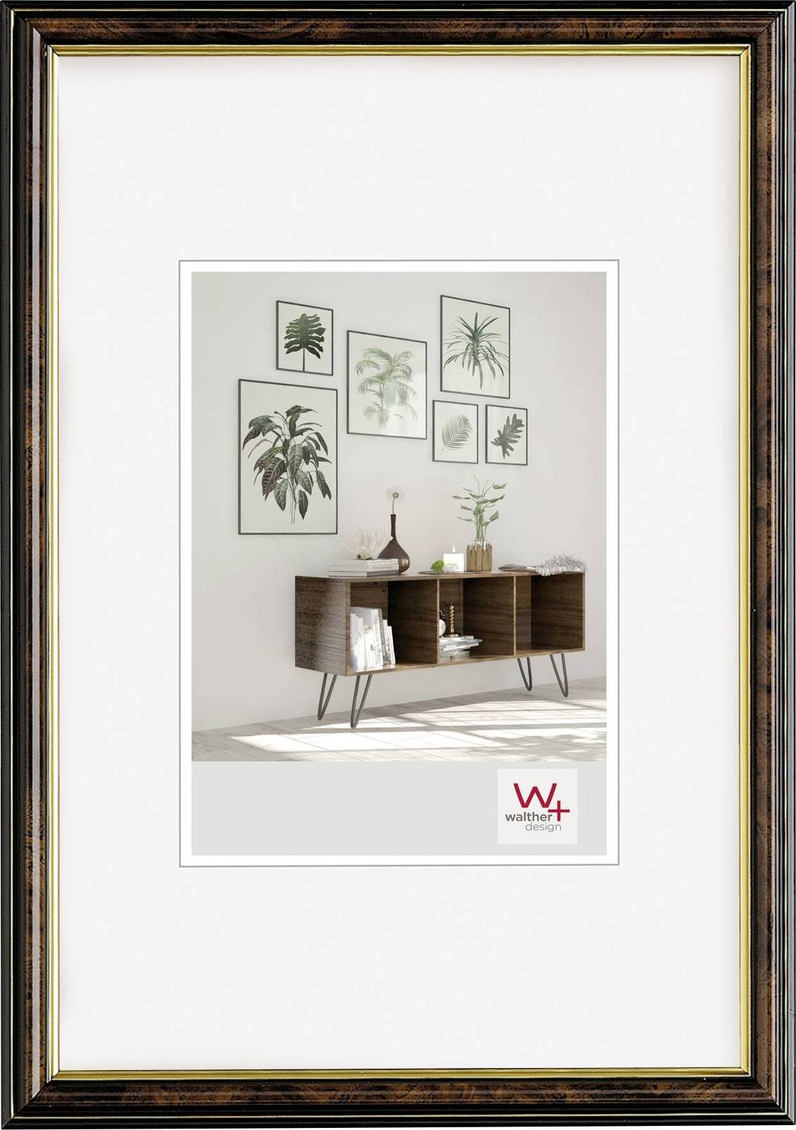 A living room with a modern sideboard, decorated with plants and books. Plant-themed artwork hangs on the wall.