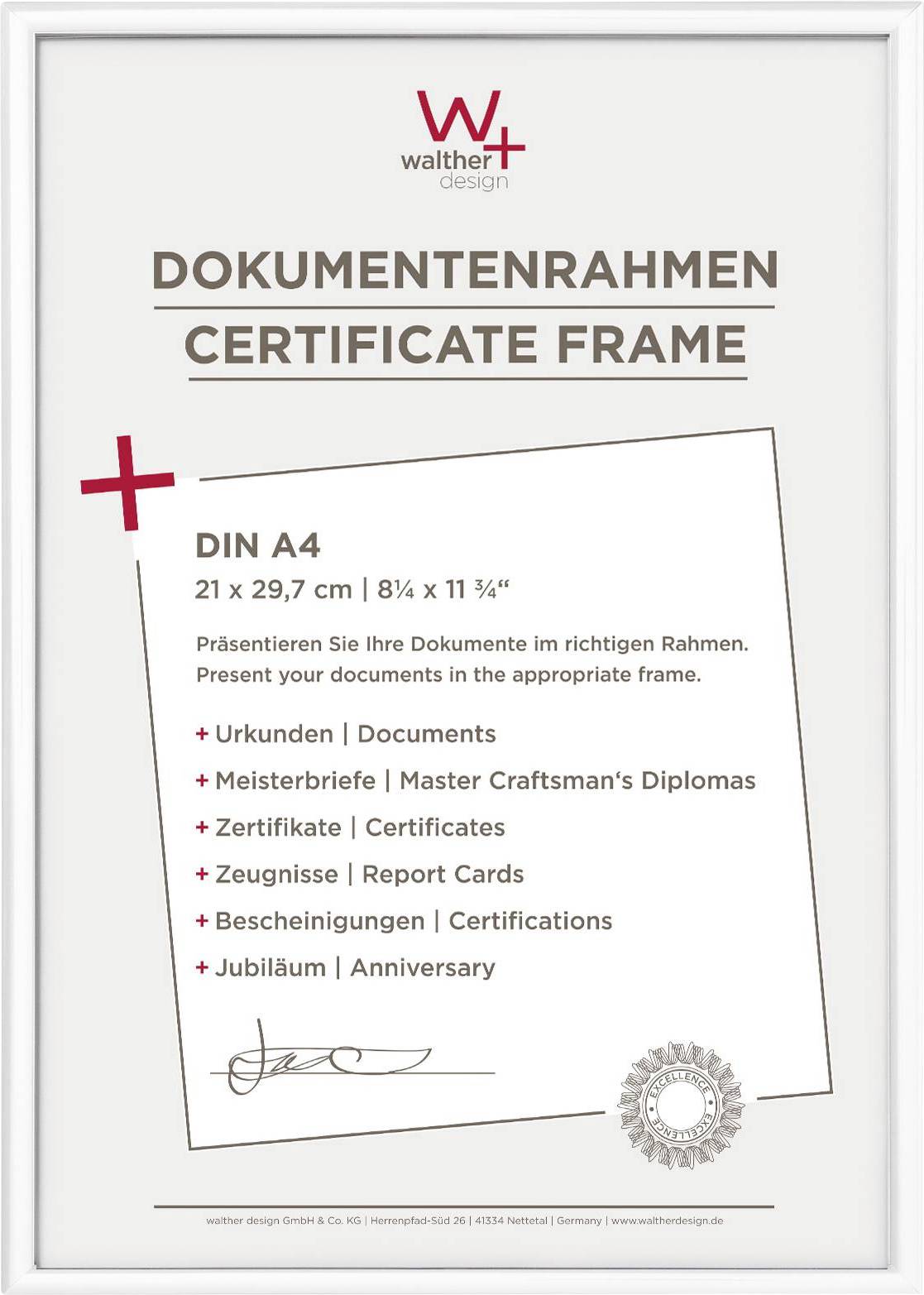 'Walther Design' Document Frame, A4 size, suitable for certificates, master craftsman diplomas, qualifications, testimonials, credentials, and commemorative documents.