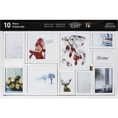 Picture frame set with wintry scenes. Includes photographs of snowy landscapes, a stag, red berries in the snow, and a child wearing a woollen hat.