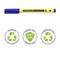 Yellow and blue 'STAEDTLER Noris writing pen' pen at the top; below recycling symbols: 97% casing, long-lasting, 80% cardboard.
