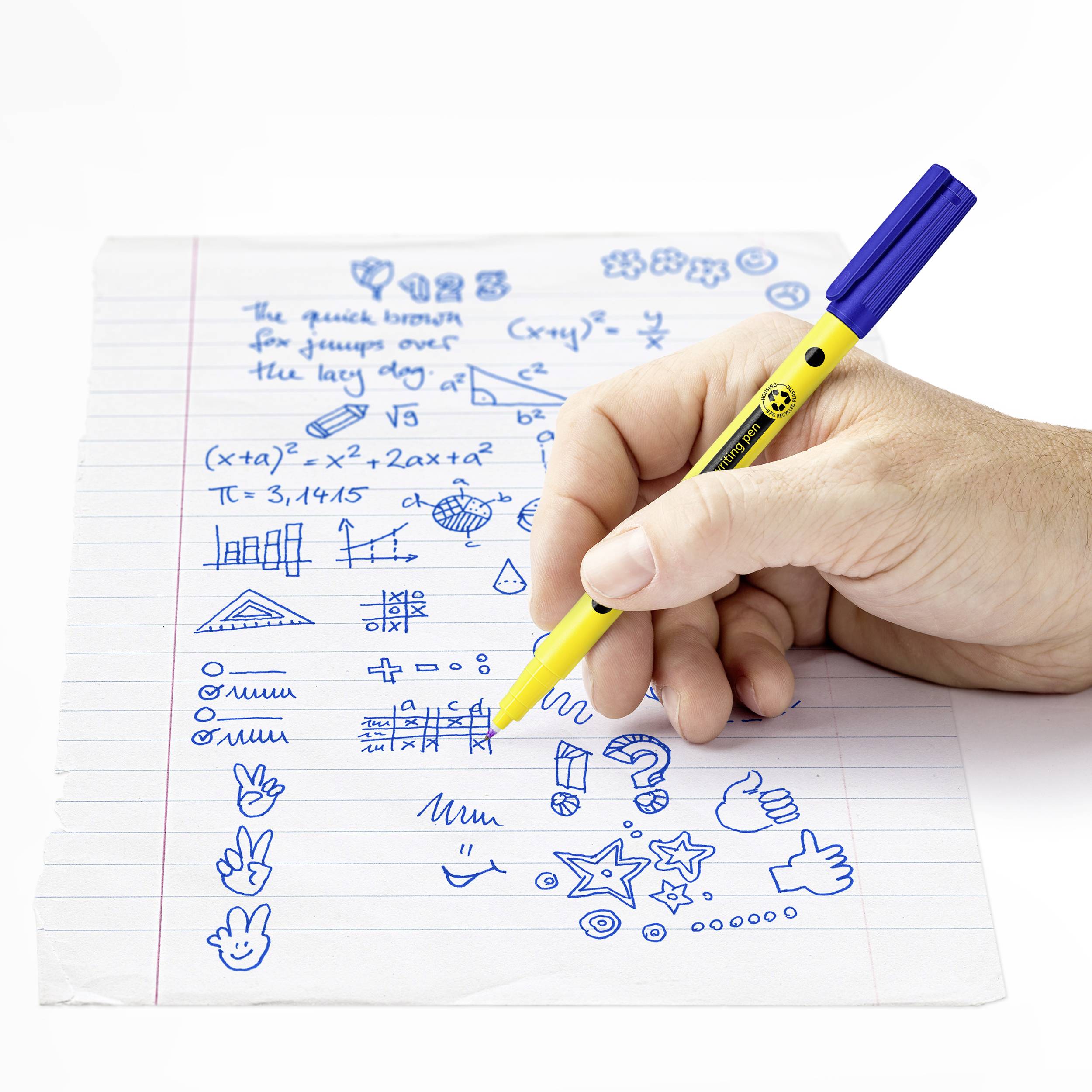 A hand holds a yellow pen and draws symbols and formulas on a lined sheet of paper.
