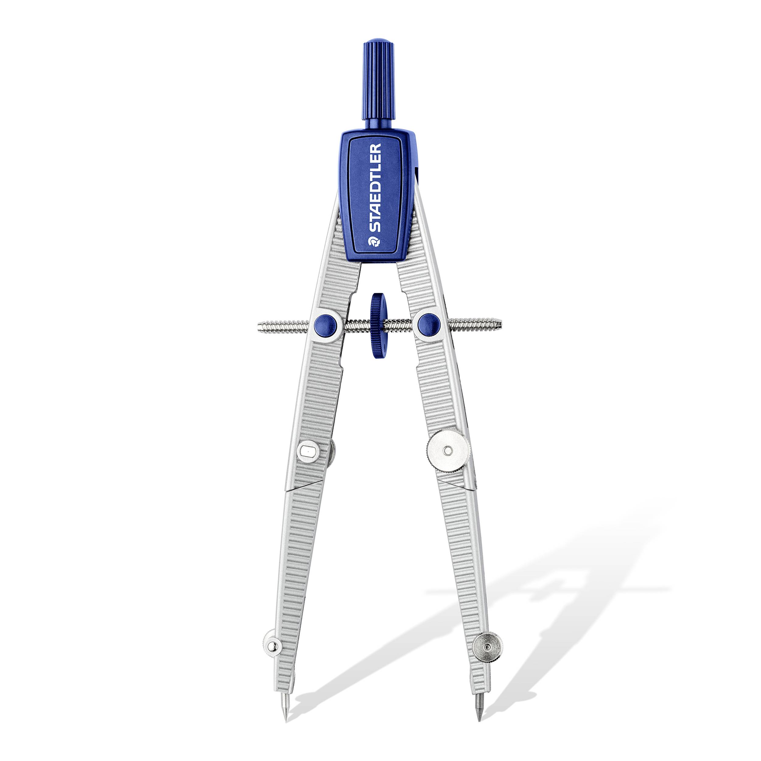 A silver compass with a blue handle, used for drawing circles.