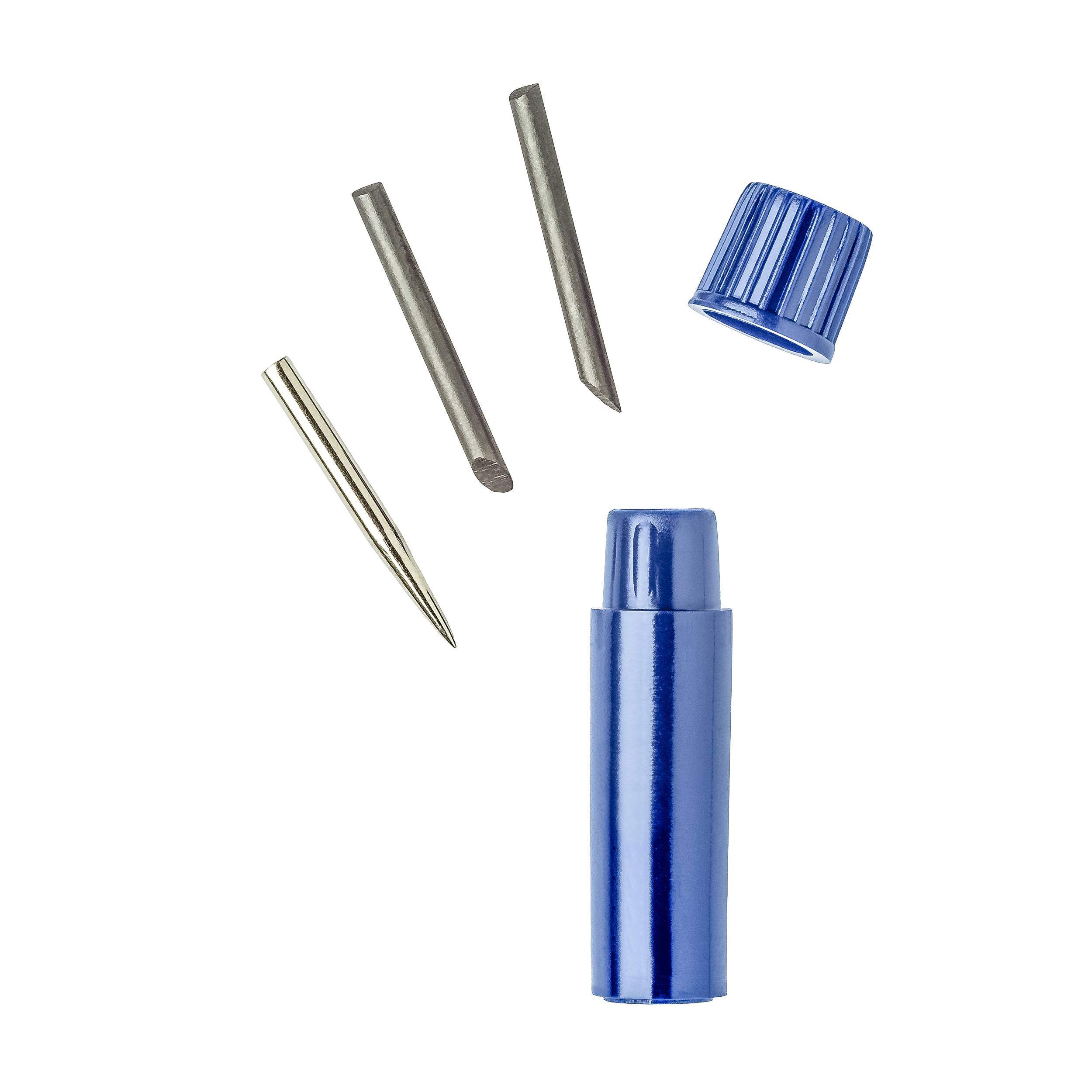 Blue tool with removable cap and four interchangeable metal tips for precision work.
