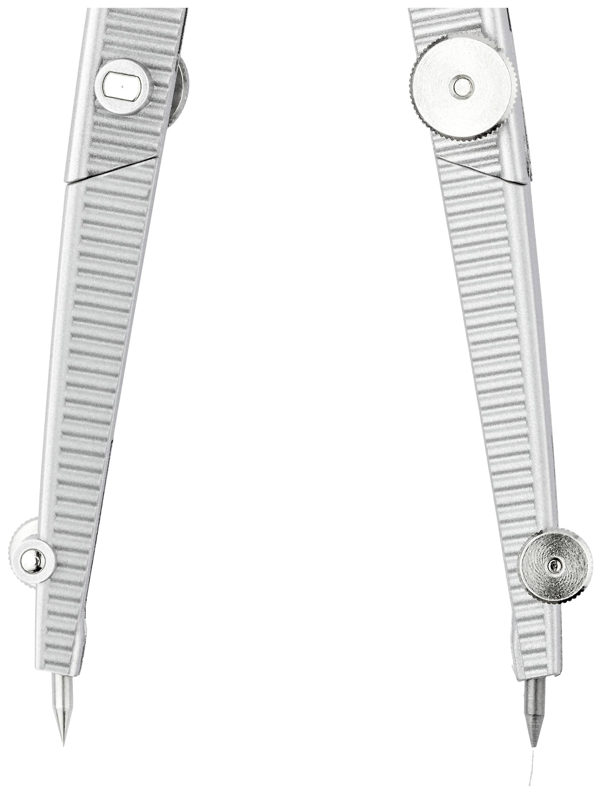 A pair of metal drawing compass legs used to draw circles or arcs precisely.