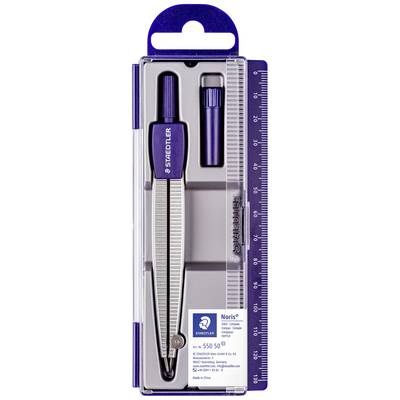 Staedtler geometry set with compass, case and spare parts, packaged in a clear box with integrated ruler.