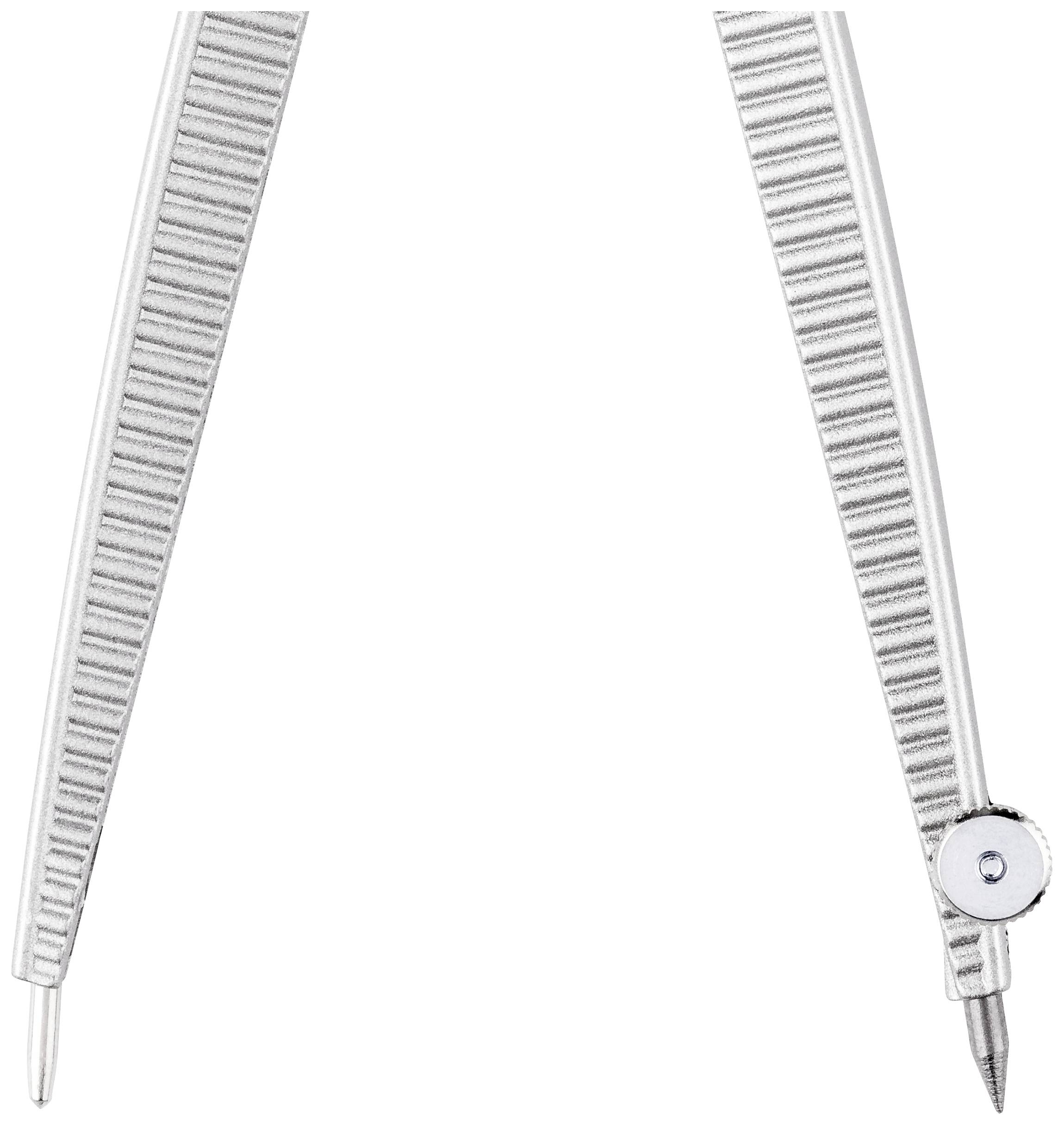 A metal geometric compass, opened, with knurled handles and an adjustment wheel on one leg.