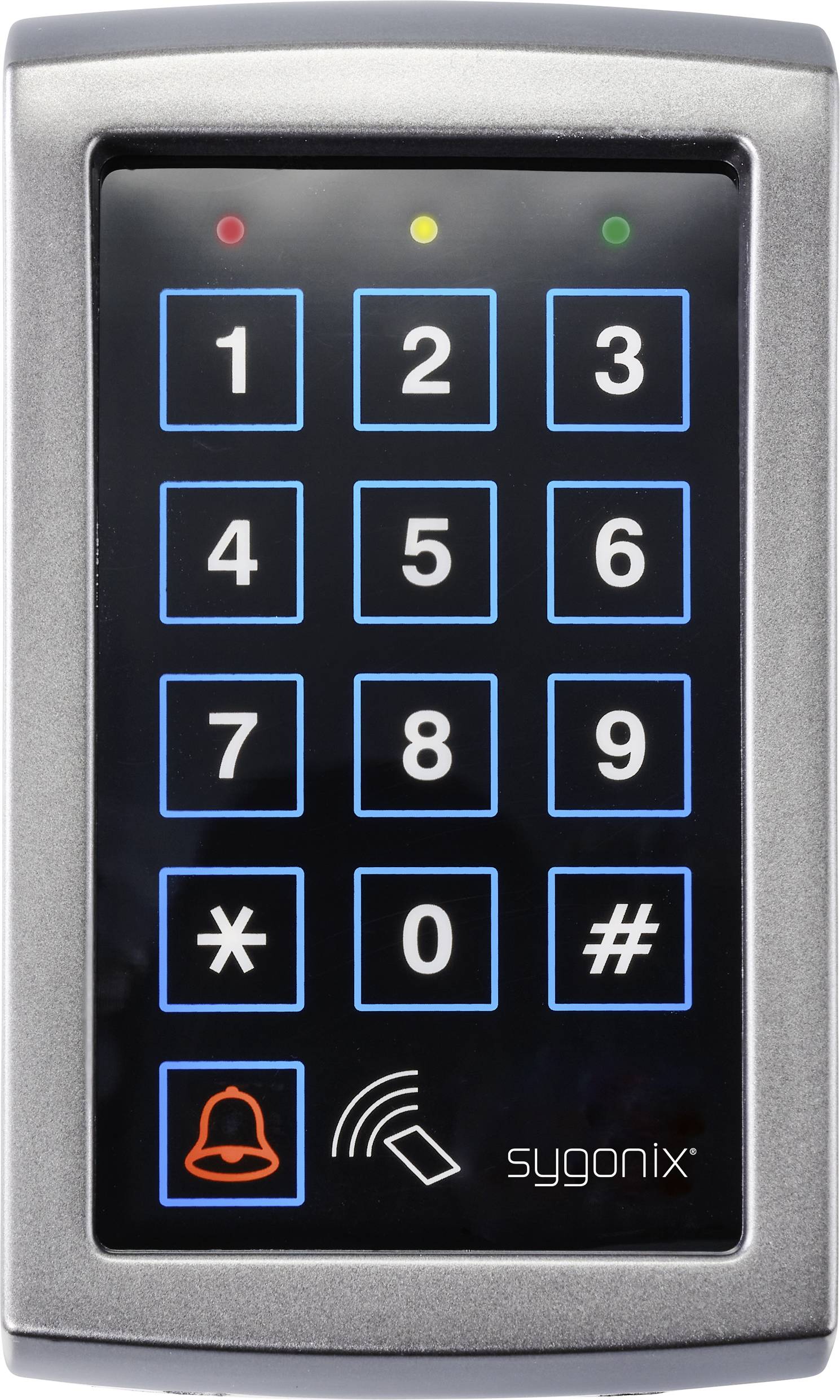Keypad with numbers 0 to 9 and symbols for asterisk and hash. Underneath, symbols for bell and RFID. Three LEDs at the top.