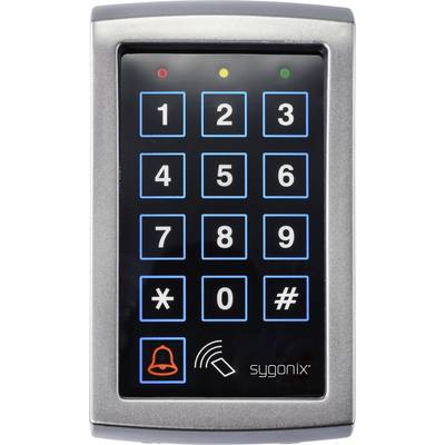 Keypad with numbers 0 to 9 and symbols for asterisk and hash. Underneath, symbols for bell and RFID. Three LEDs at the top.