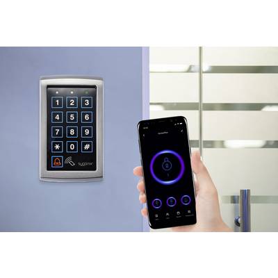 A hand holds a smartphone with an unlocked app near an access control panel with a keypad and RFID reader.