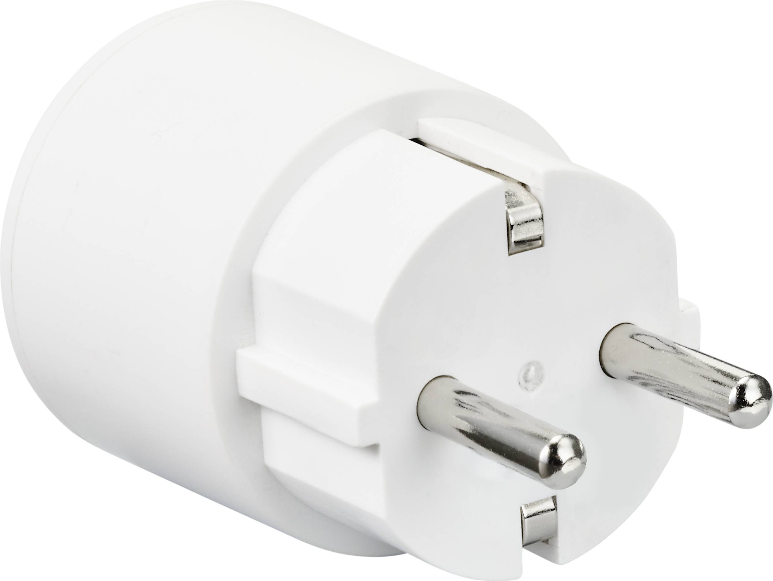 A white plug adapter with two metal pins, used to adapt a plug to a different socket.