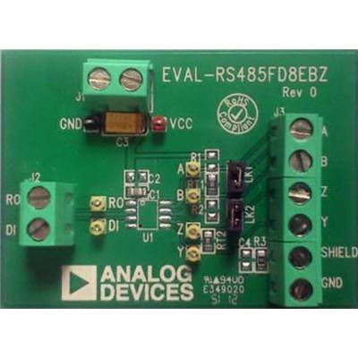 'Green electronic circuit board with labelling EVAL-RS485FD8EBZ, connections and components. Manufacturer: Analog Devices.'