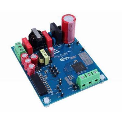 A blue electronic circuit board with various components such as capacitors, resistors, and a chip.