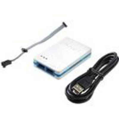 A small white device with blue accents, accompanied by a USB cable and a flat ribbon cable, likely an electronic module or adapter.